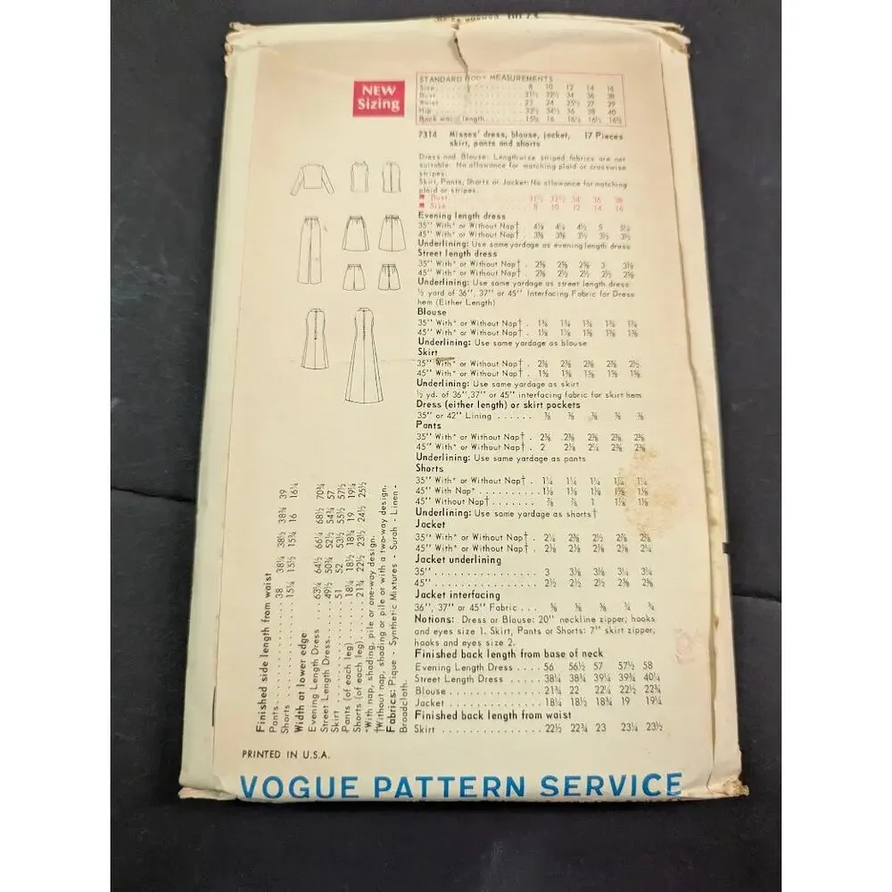 Vintage Pattern Sewing Crafts Hobby Vogue 7314 Size 12